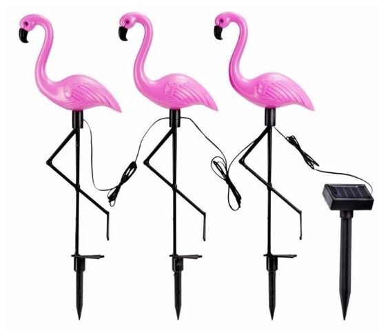 Saulės energijos įkraunamas LED sodo šviestuvų rinkinys - flamingai, 3 vnt, 53cm